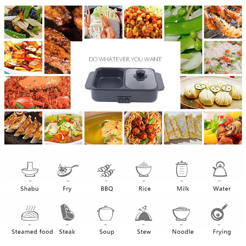2-IN-1 Electric Hot Pot BBQ Grill Smokeless Cooking Pan 1200W A750