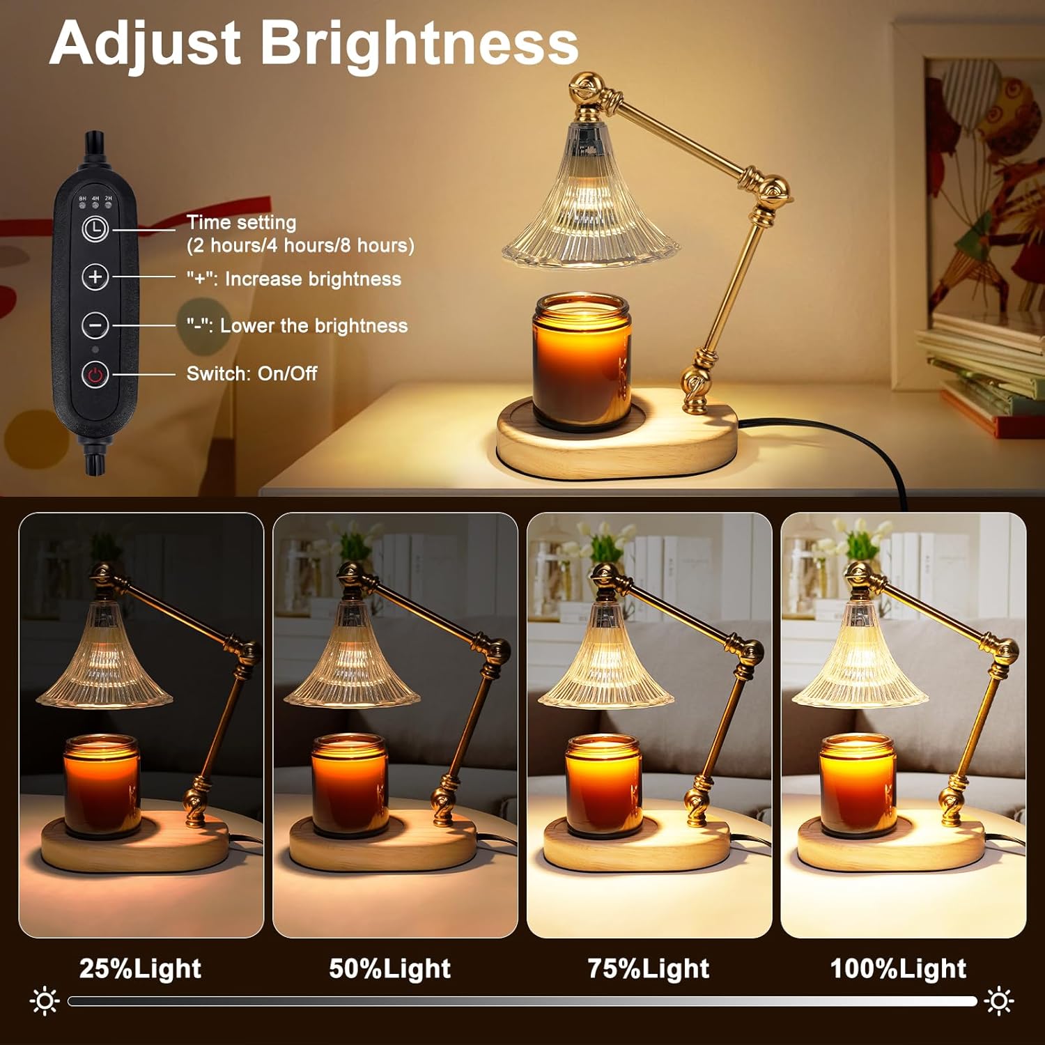 Candle Warmer Lamp with Timer, Adjustable Height, Dimmable Electric Candle Lamp Warmer with 2 Bulbs R3936