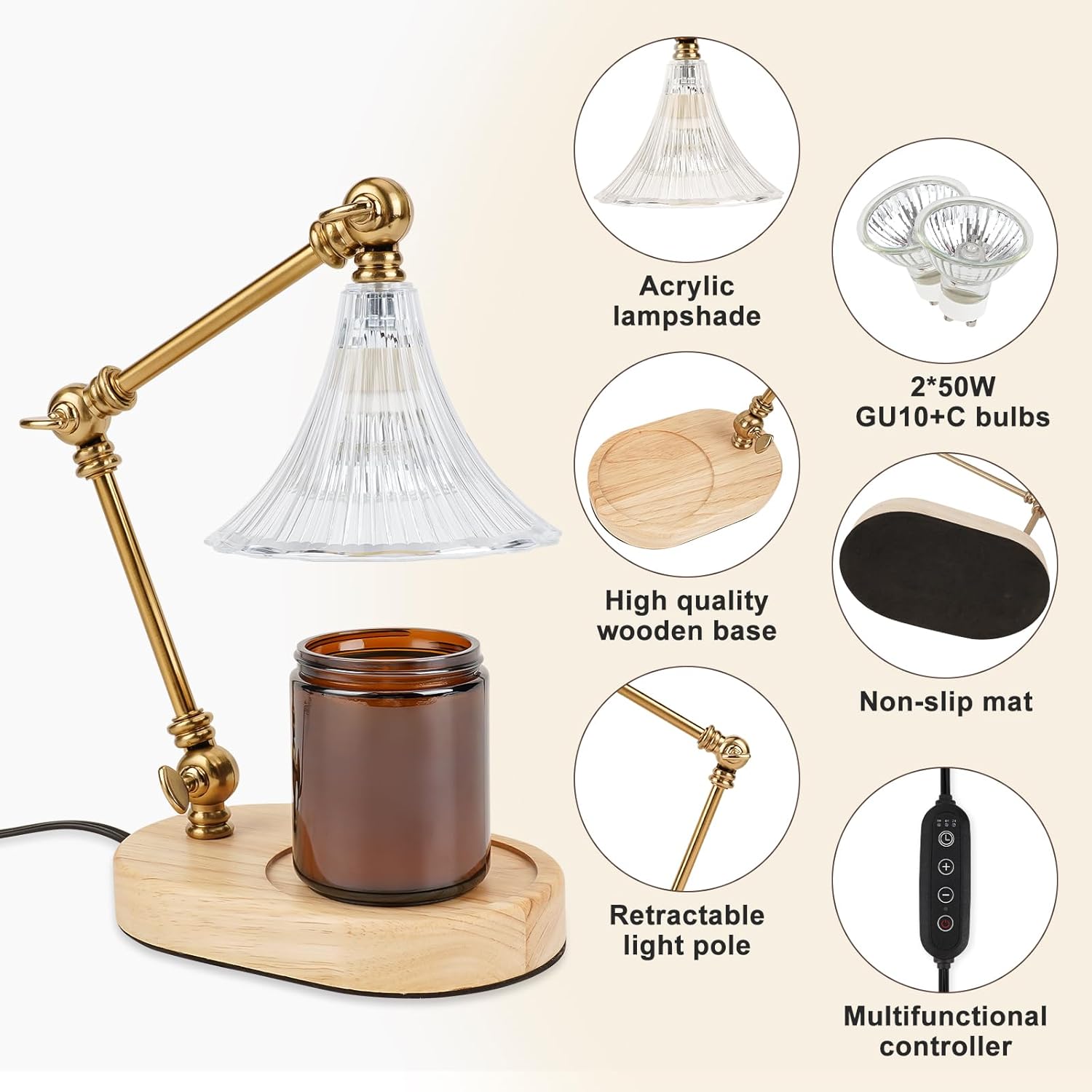 Candle Warmer Lamp with Timer, Adjustable Height, Dimmable Electric Candle Lamp Warmer with 2 Bulbs R3936