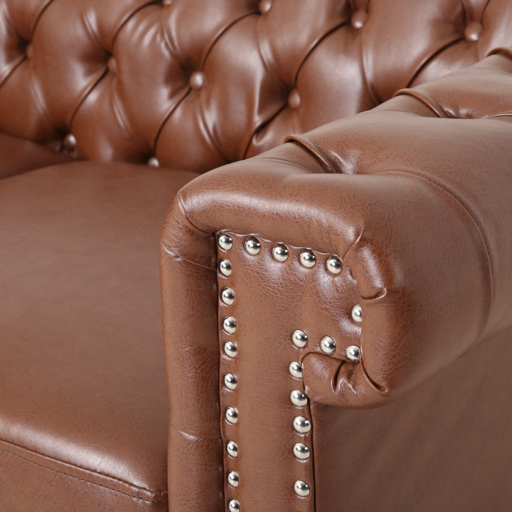 Cognac Brown Upholstered Button Tufted Loveseat with Nailhead Trim S8986