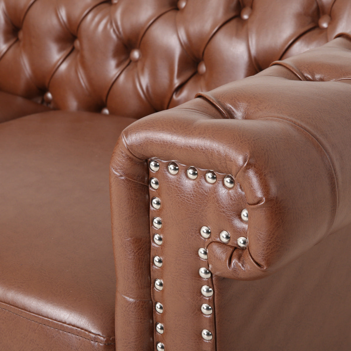 Cognac Brown Upholstered Button Tufted Loveseat with Nailhead Trim S8986