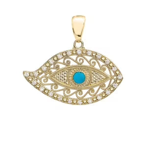 14K Yellow Gold Evil Eye Diamond Pendant Necklace with Turquoise Center Stone and 16" Chain H74567