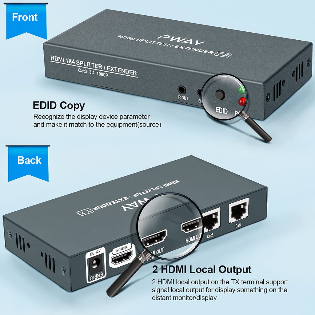 HDMI Extender Splitter 1x2 1080p Over Cat5e/Cat6/Cat7 Ethernet Cable with 2 HDMI Loop Out Y5406