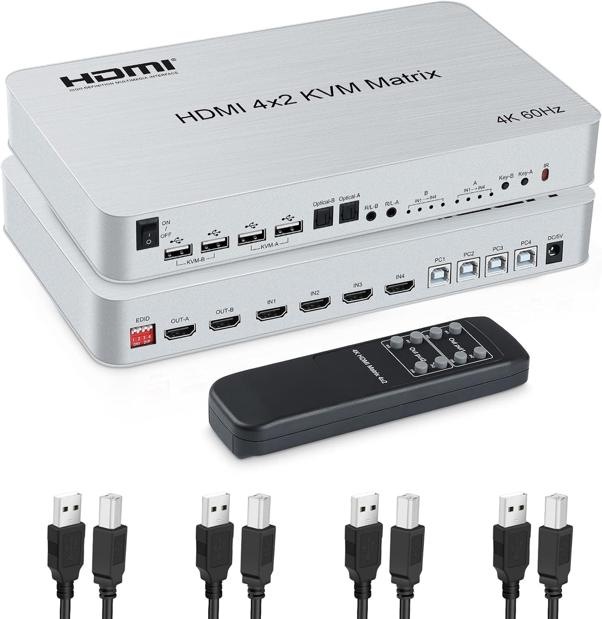 4x2 HDMI KVM Matrix Switch, 4K@60Hz, 4 HDMI2.0 Port + 4 USB2.0 Port T299