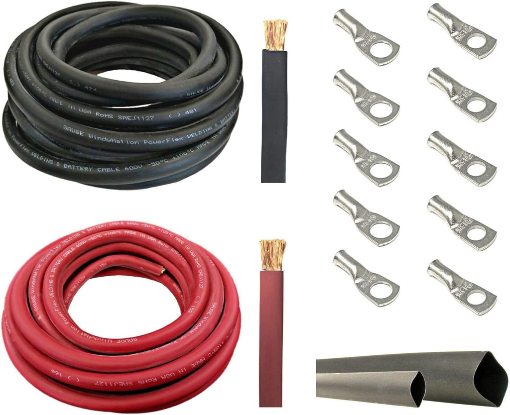 4 AWG 20 Feet Red Pure Copper Flexible Cable with Copper Cable Lug Terminal Connectors and Heat Shrink Tubing T212