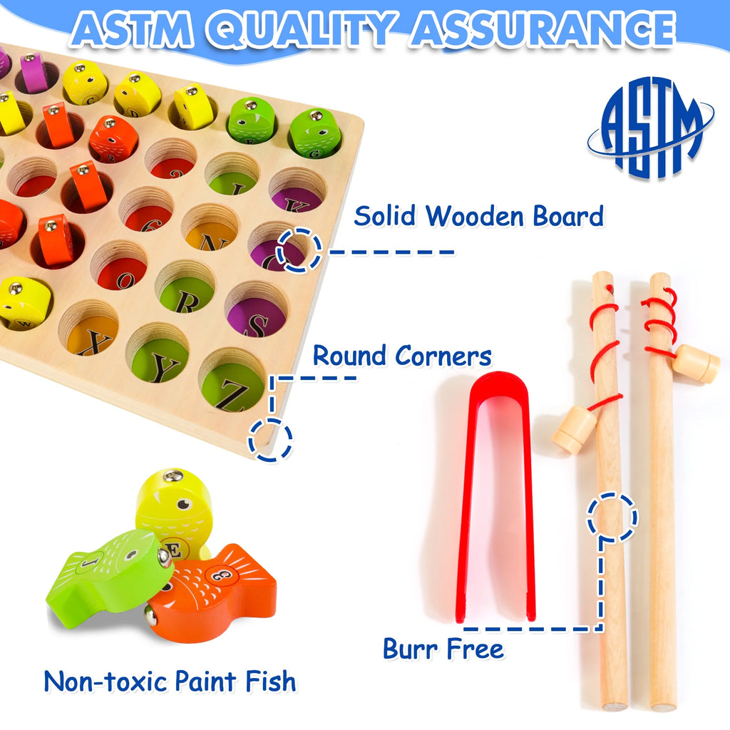 48 Pcs Wooden Magnetic Fishing Toy with 2 Rods 1 Tweezer 8 Activity Cards E8034