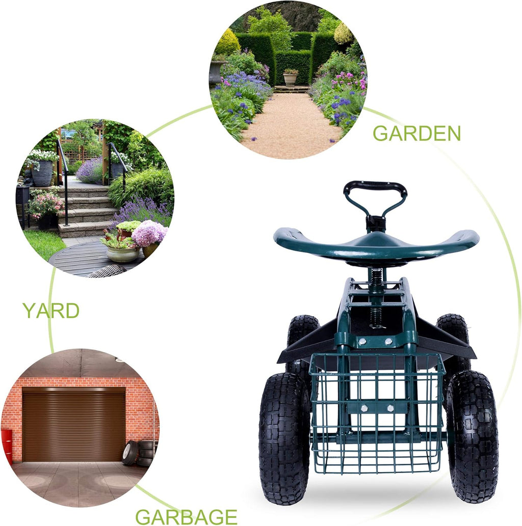 Green Steerable Garden Stool Cart with Tool Tray and Storage Basket on Wheels Y2011
