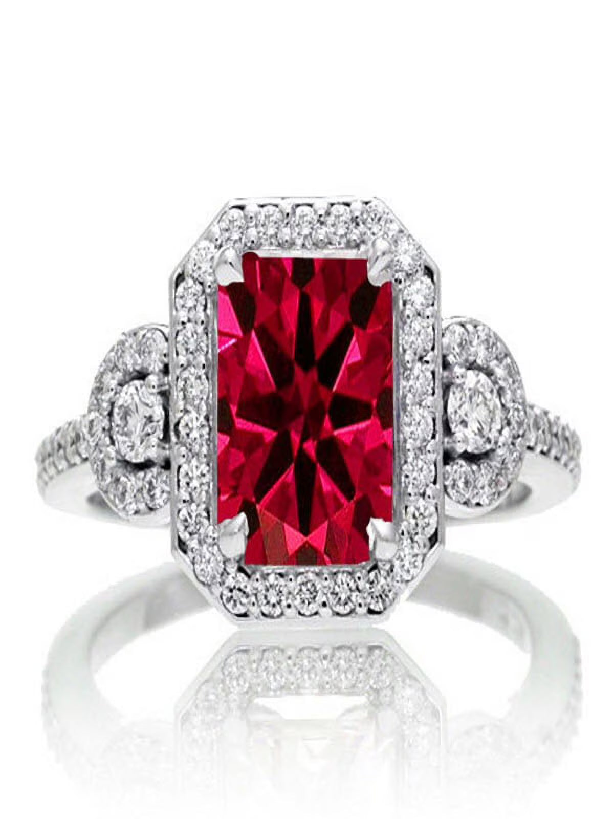 Emerald Cut Ruby and White Diamond Halo Engagement Ring on 10k White Gold E295609