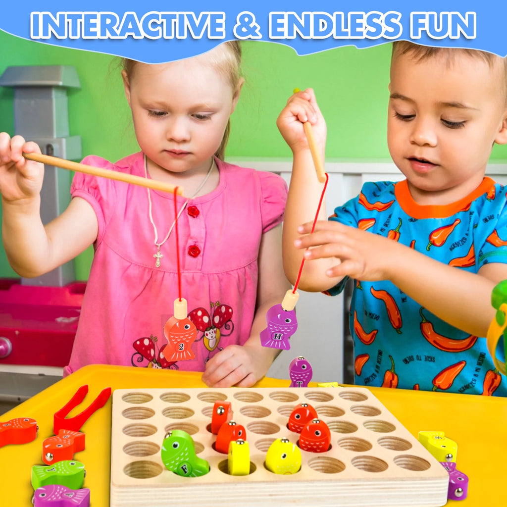 48 Pcs Wooden Magnetic Fishing Toy with 2 Rods 1 Tweezer 8 Activity Cards E8034