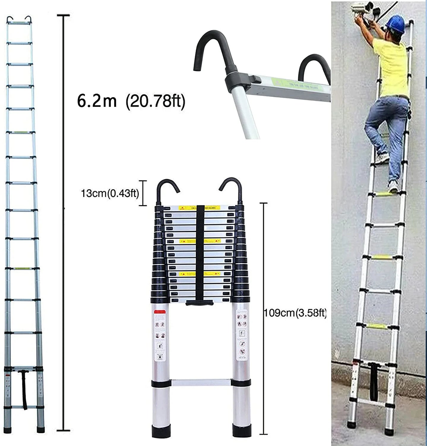 Telescopic Ladder 20.34 ft Extension Ladder with Detachable Hook Heavy Duty Aluminum Multi-Ladder Button Retraction, 330lbs Max Capacity N141