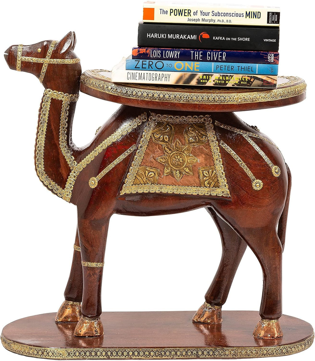 Hand Carved Wooden Elephant Side Table with Brass Accents H3906