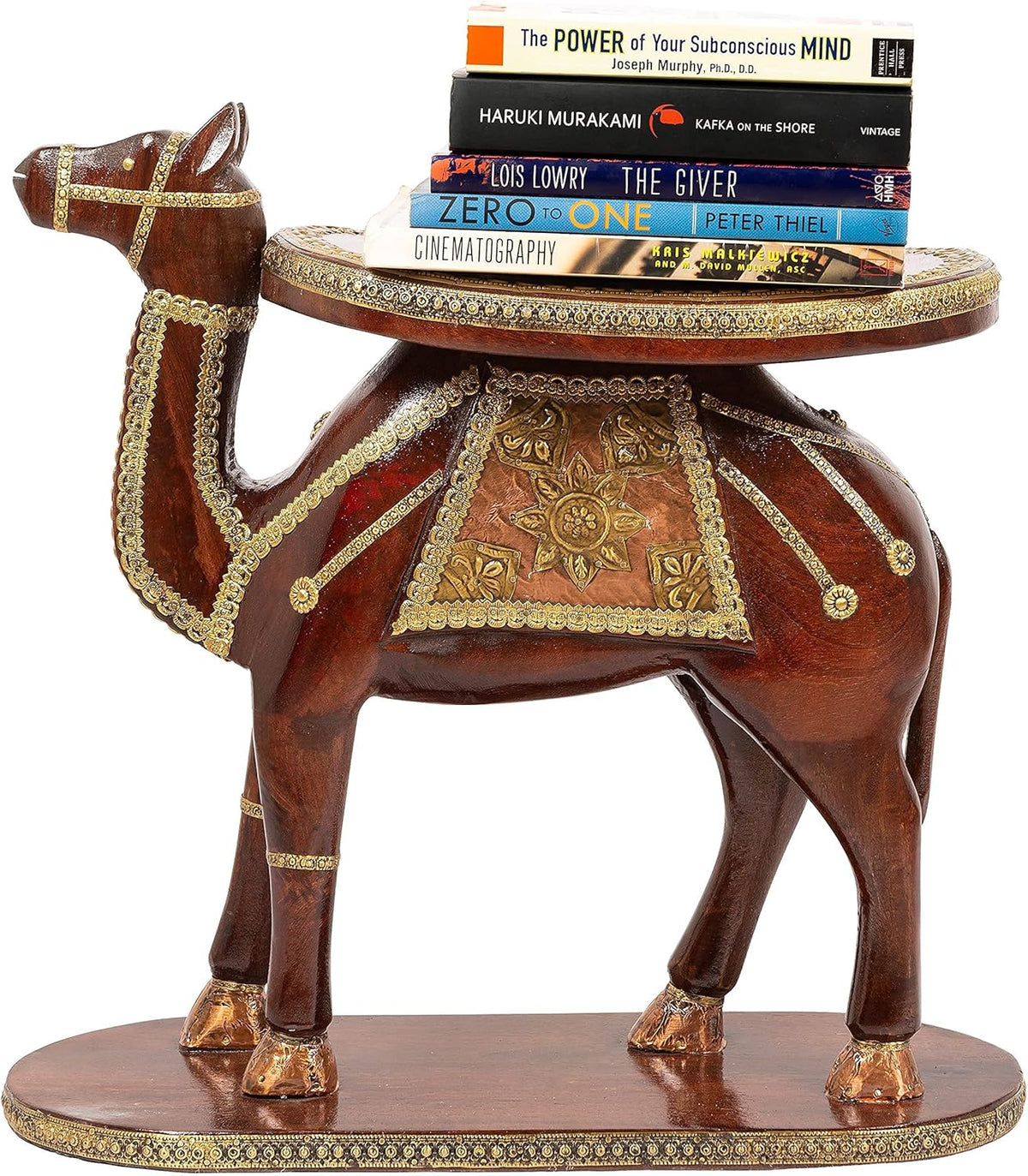 Hand Carved Wooden Elephant Side Table with Brass Accents H3906