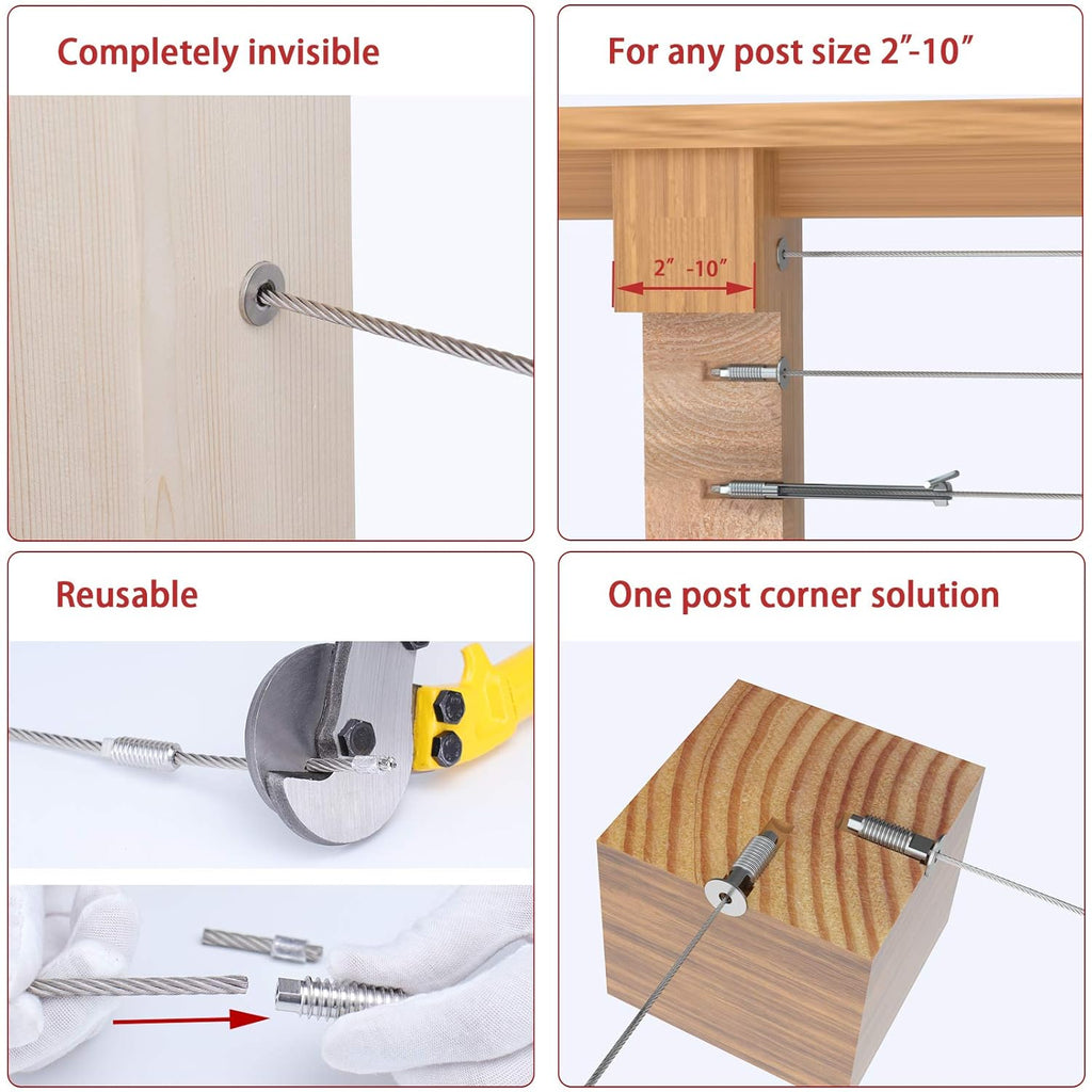 20Pack 3/16 Invisible Cable Railing Kit Swage Lag Screw Tensioner T316 Stainless Steel 10 Cable Line C1640