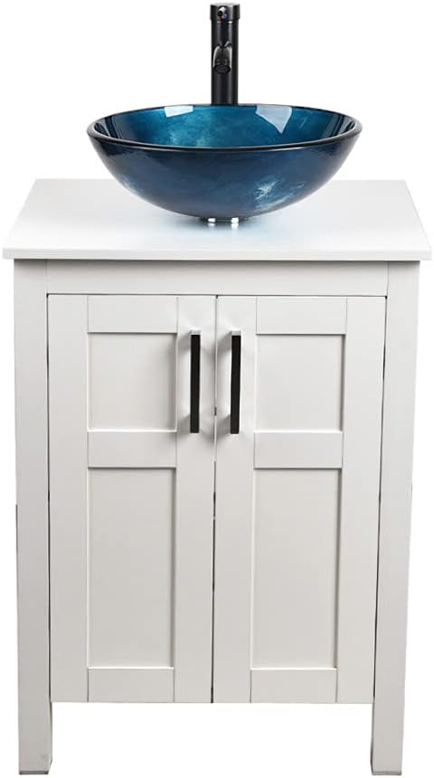 White 24 Inches Traditional Bathroom Vanity Set with Ocean Blue Glass Round Sink Top and 2-Door Cabinet P6170