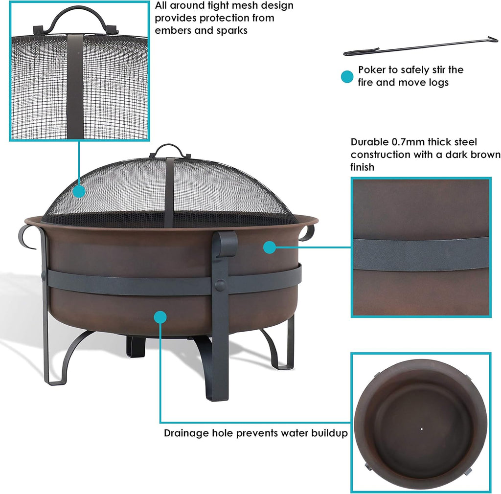 Bronze Cauldron Outdoor Fire Pit Bowl with Poker and Spark Screen - 29 Inch L86007
