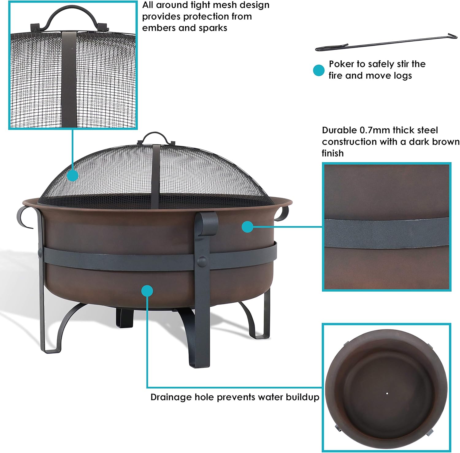 Bronze Cauldron Outdoor Fire Pit Bowl with Poker and Spark Screen - 29 Inch L86007