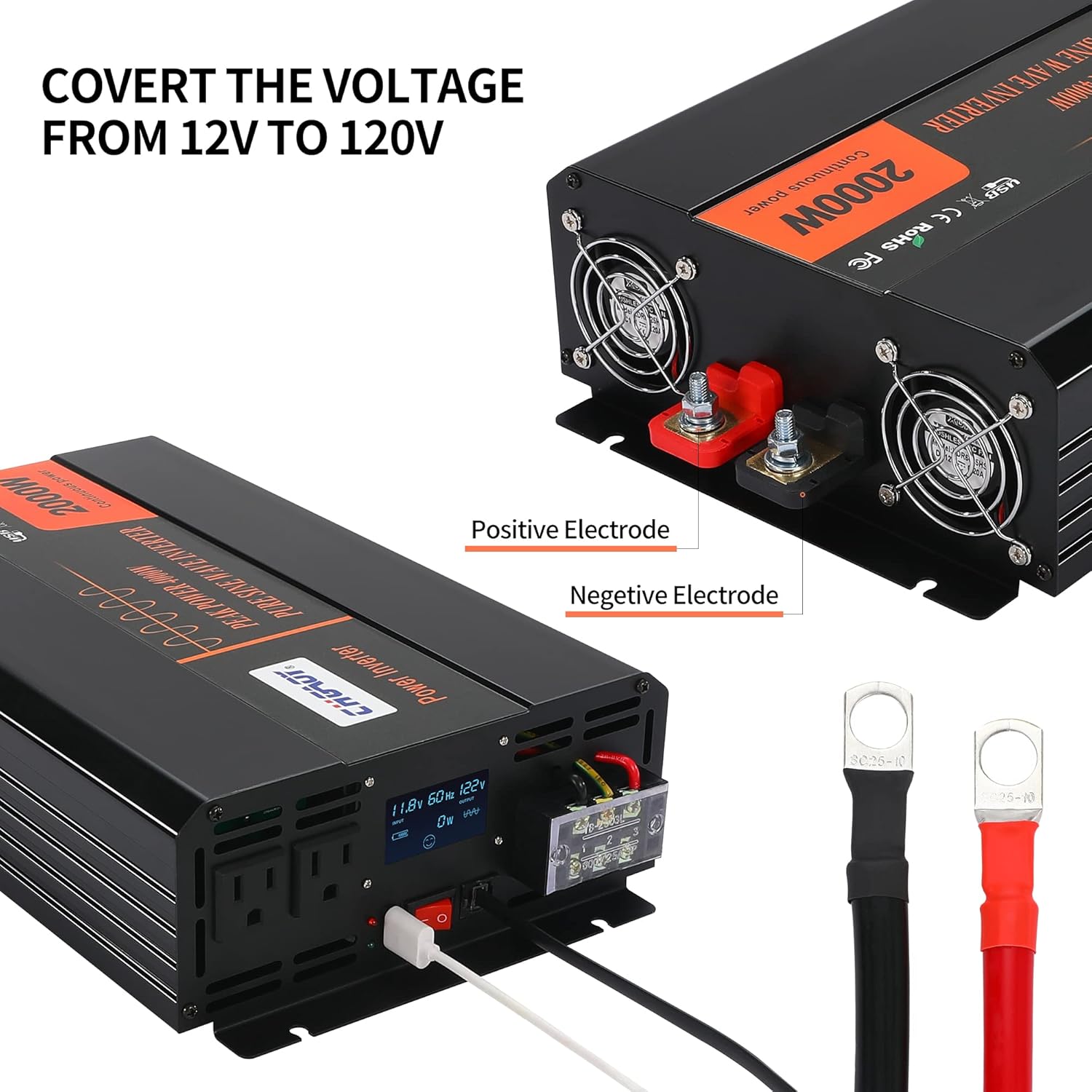 2000W Pure Sine Wave Power Inverter DC 12V to AC 120V with LCD Display Remote Control USB Port R3370