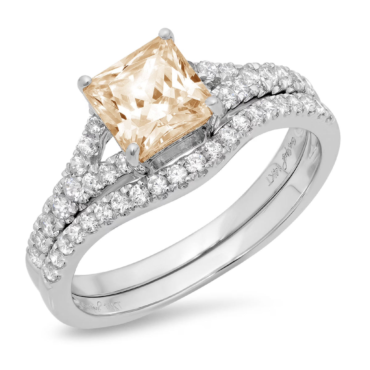 18k White Gold Princess Cut Moissanite Ring Band Set sz 3.5 U9480