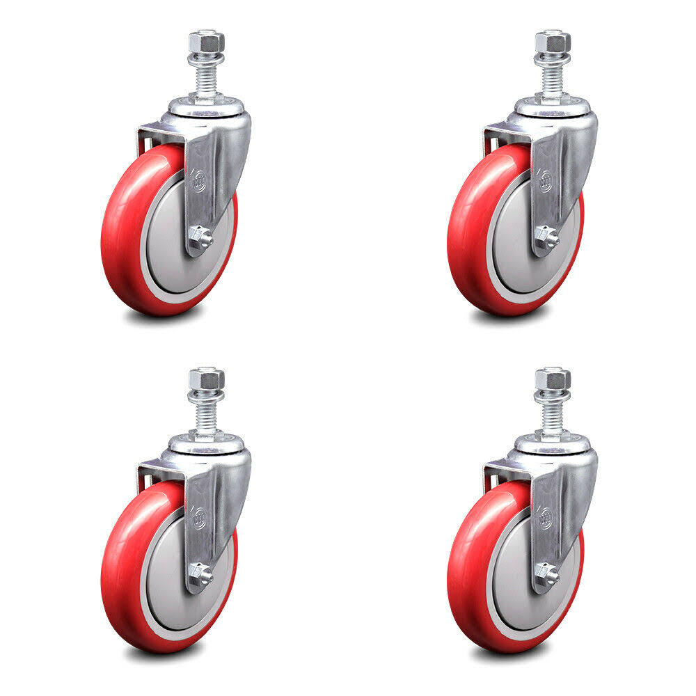 Red Poly Swivel Caster Set of 4 with 5x22 Wheels and 12mm Stem B86548