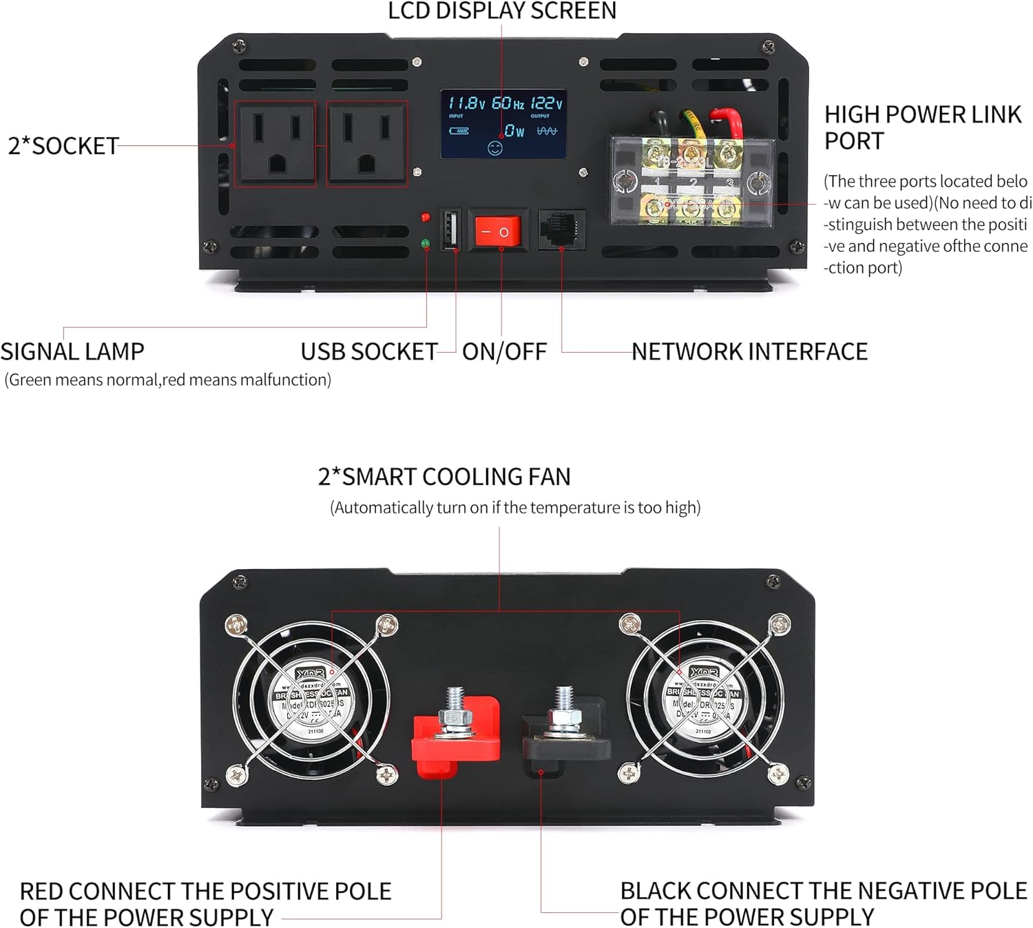 2000W Pure Sine Wave Power Inverter DC 12V to AC 120V with LCD Display Remote Control USB Port R3370