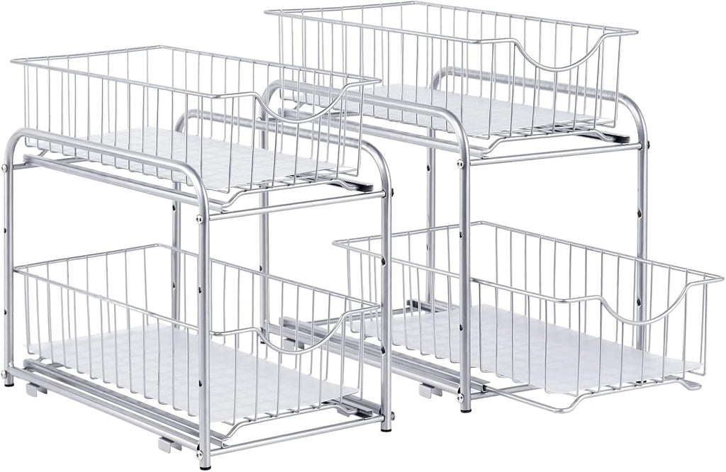 2 Tier Stackable Pull Out Cabinet Organizer, Set of 2, Silver X61569