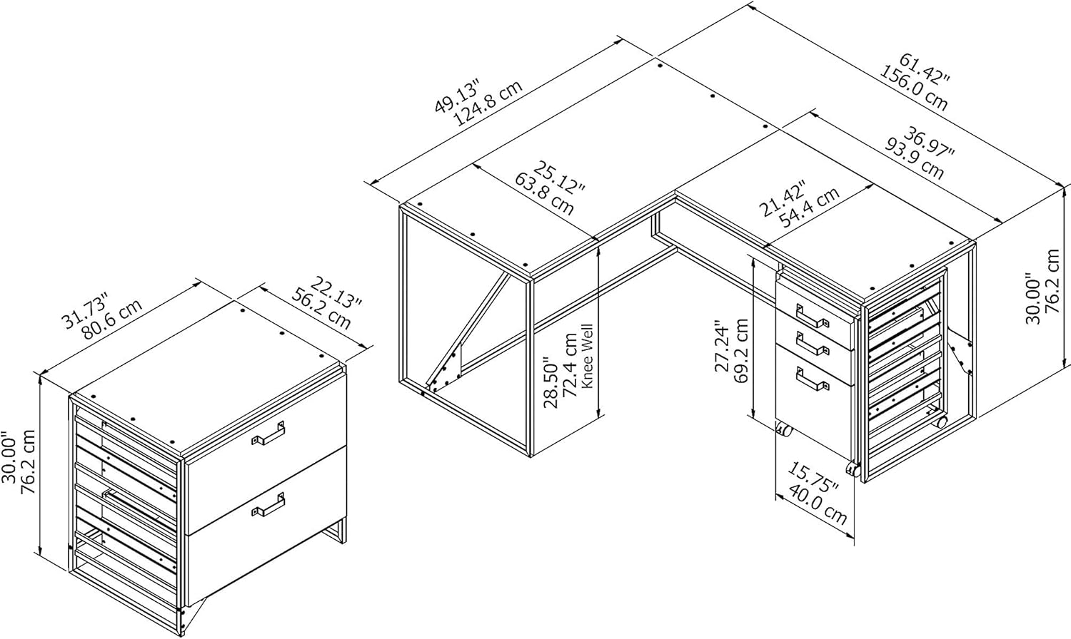 Rustic Gray L Shaped Industrial Desk with File Cabinets P16344