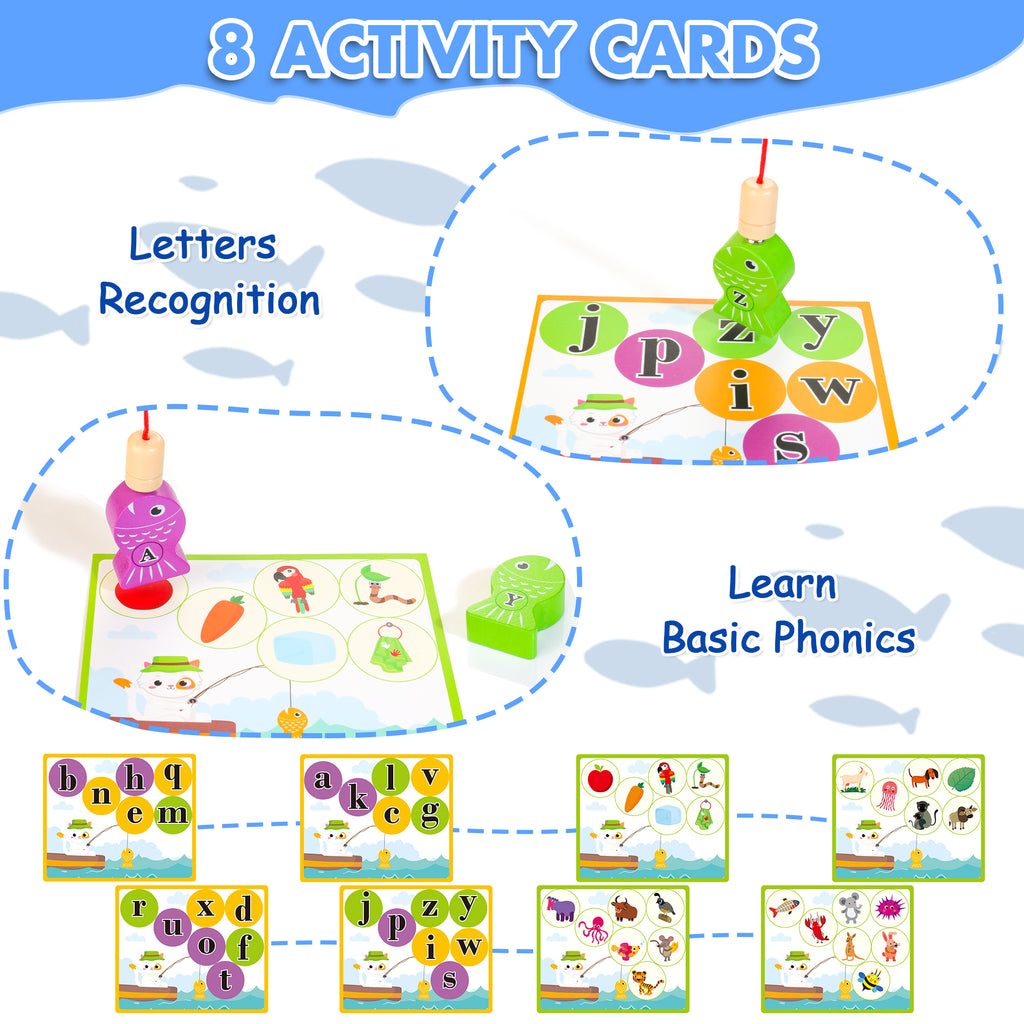 48 Pcs Wooden Magnetic Fishing Toy with 2 Rods 1 Tweezer 8 Activity Cards E8034