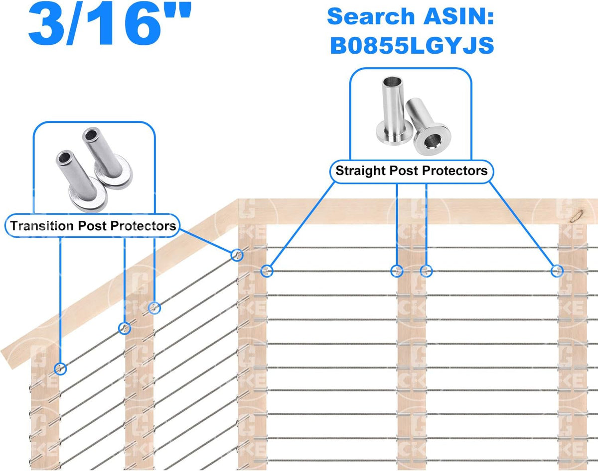 40 Pack 45 Degree T316 Marine Grade Stainless Steel Angle Beveled Protector Sleeves Wood Post Protector for 1/8", 5/32", 3/16" Wire Rope Cable Railing B44457