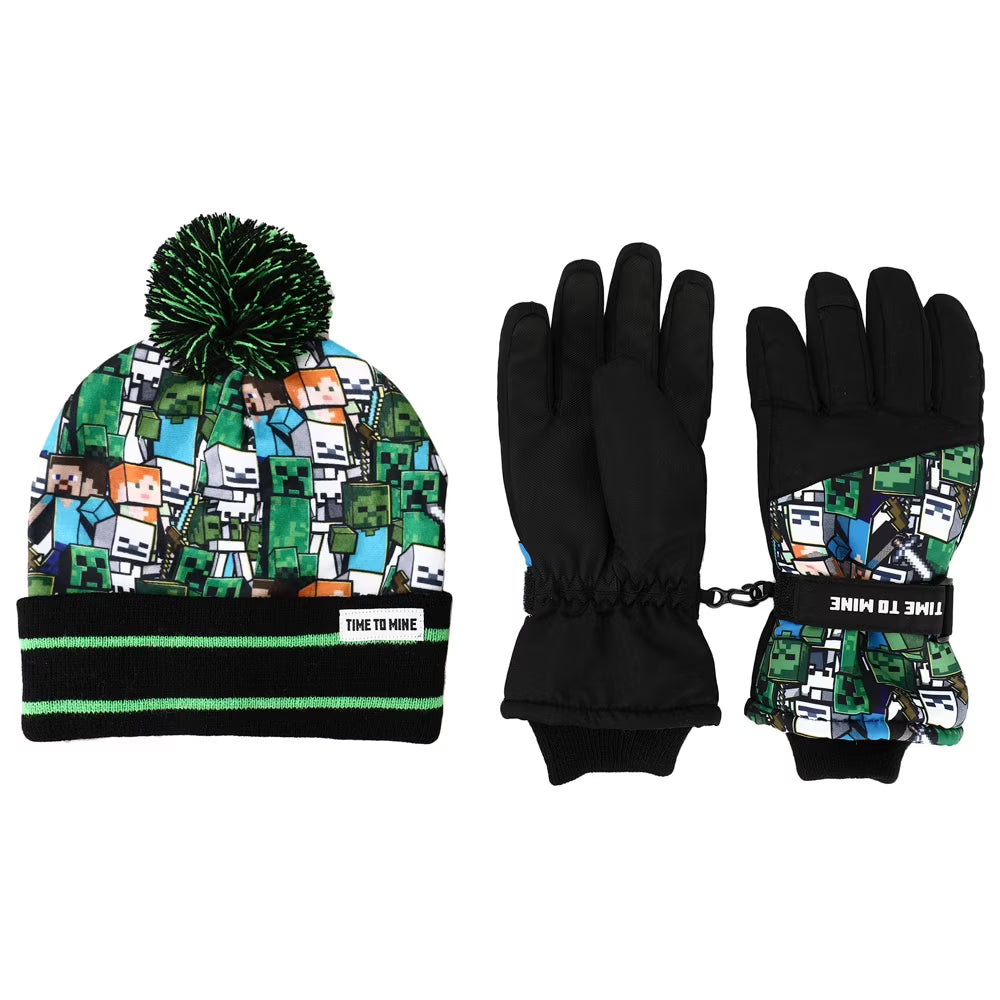 Kids Minecraft Fleece Knit Cuff Hat and Ski Gloves Set B33809