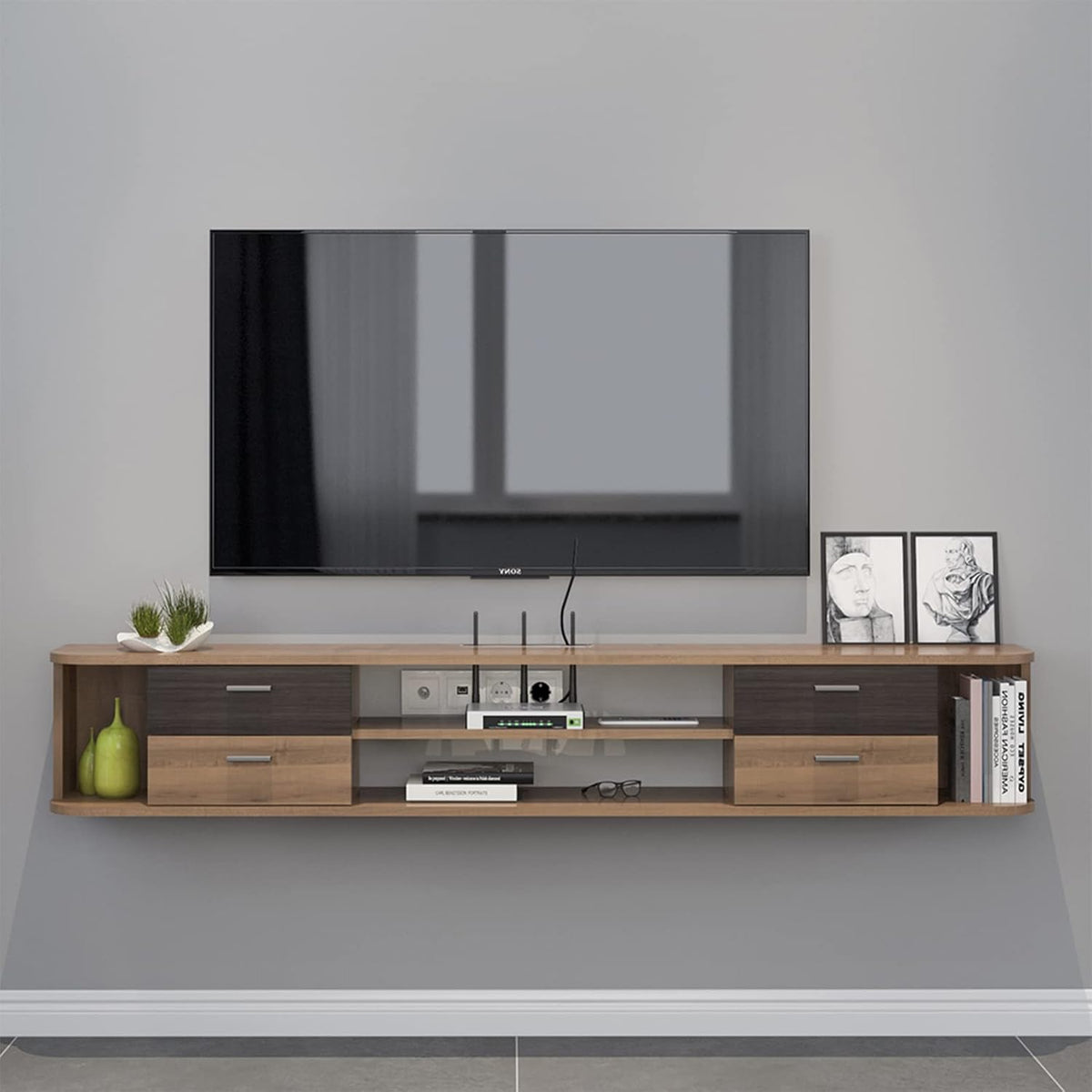 Walnut Wall Mounted Floating TV Stand with 4 Drawers H147