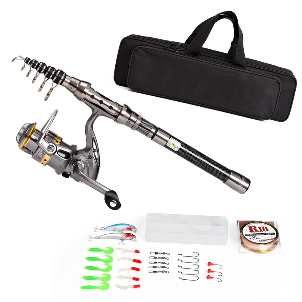 Telescopic Fishing Rod and Reel Combo Full Kit with 100M Fishing Line Lures Hooks Jig Head and Carrier Bag Case C452