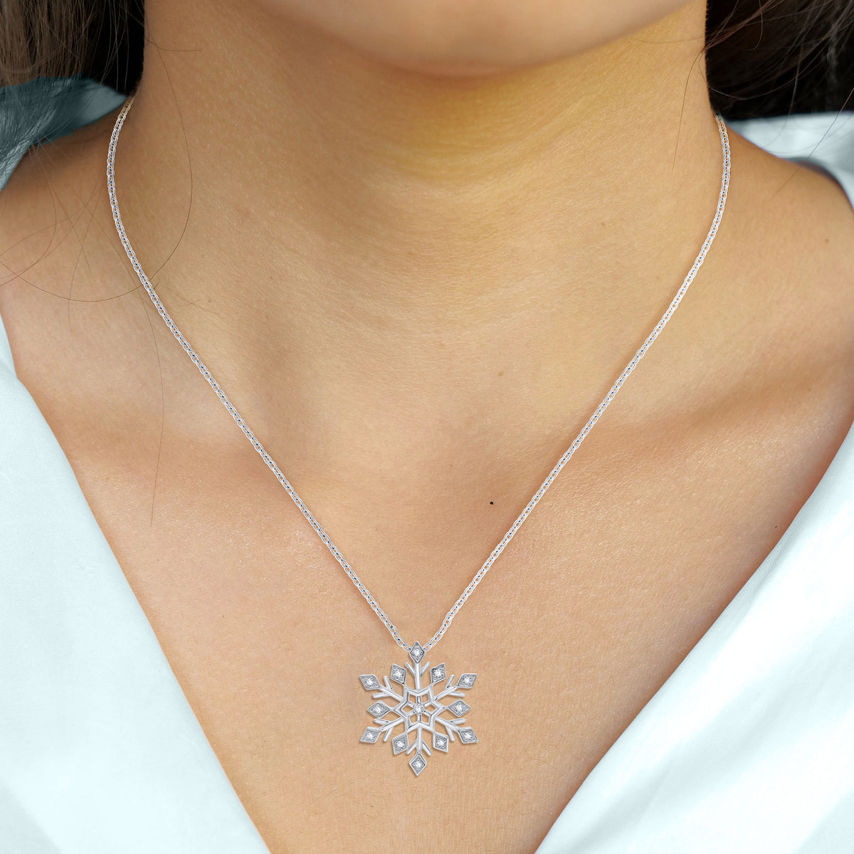 0.10 Cttw Round Cut Natural Diamond Necklace in 18K White Gold over Silver with 18" Cable Chain C817