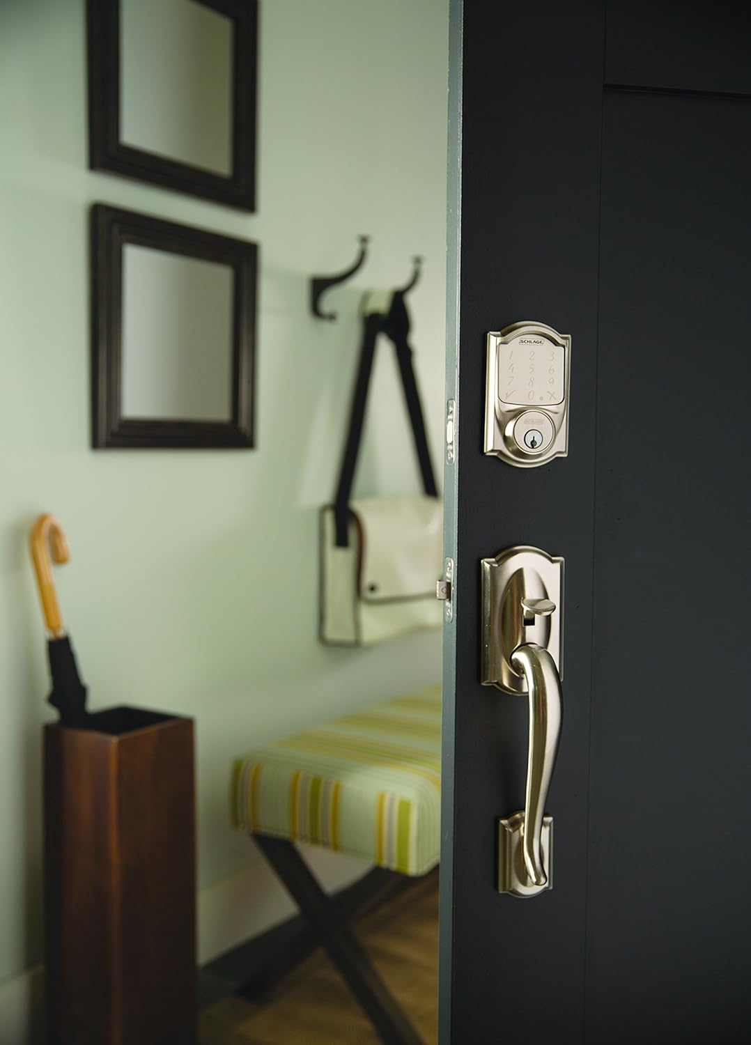 Satin Nickel Smart Deadbolt with Camelot Trim & Front Entry Handleset with Left Hand Lever J42540