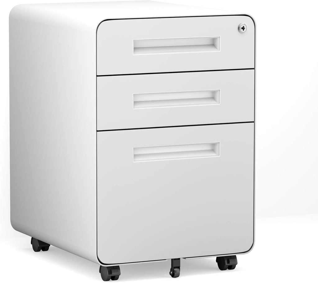 White Metal 3 Drawer Rolling File Cabinet with Lock O1286