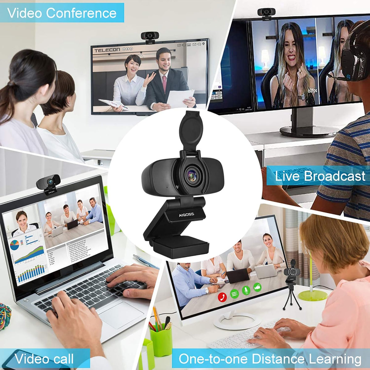 Black Webcam with Microphone and Tripod Stand G362