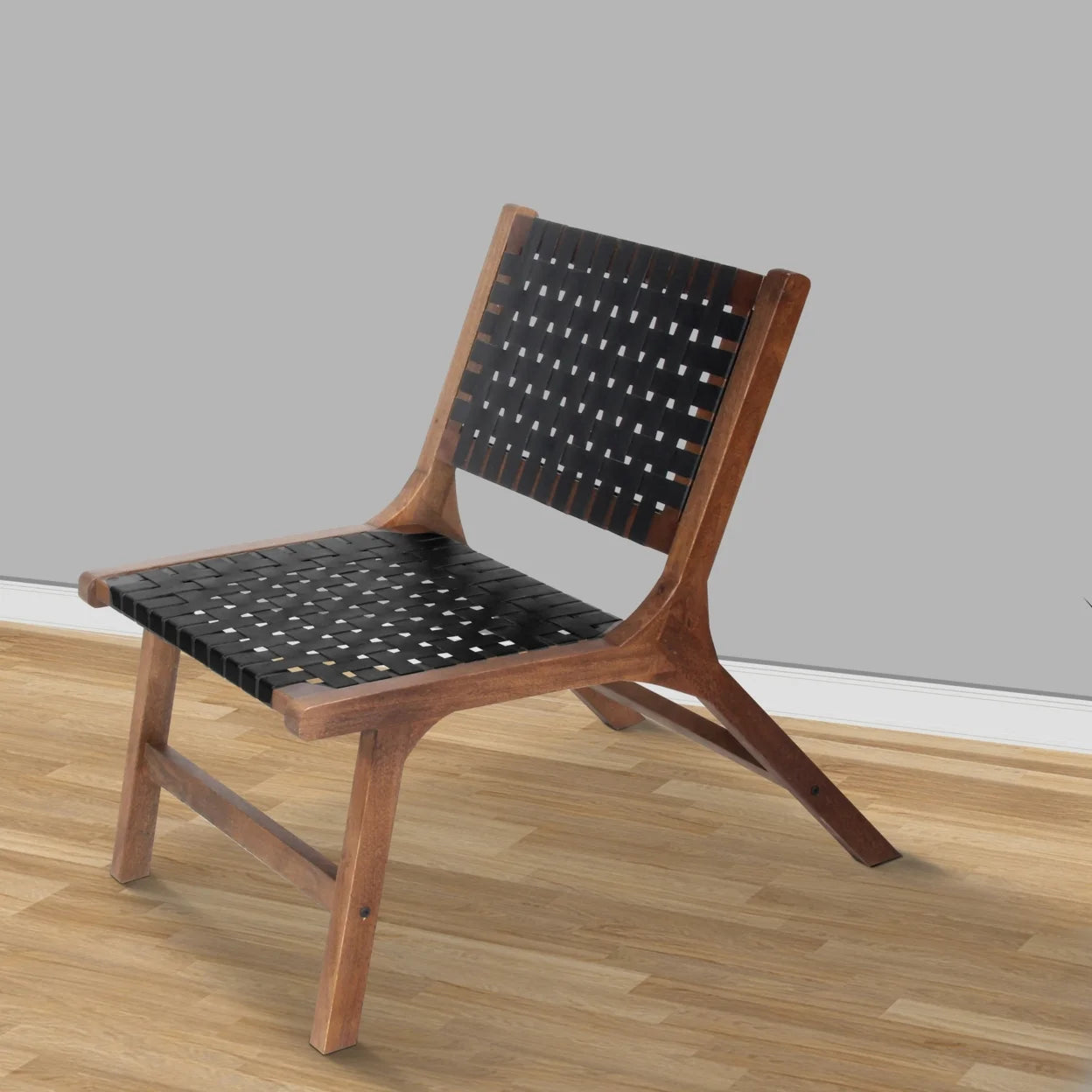Walnut Brown Mango Wood Accent Chair with Woven Genuine Leather Seat L93738