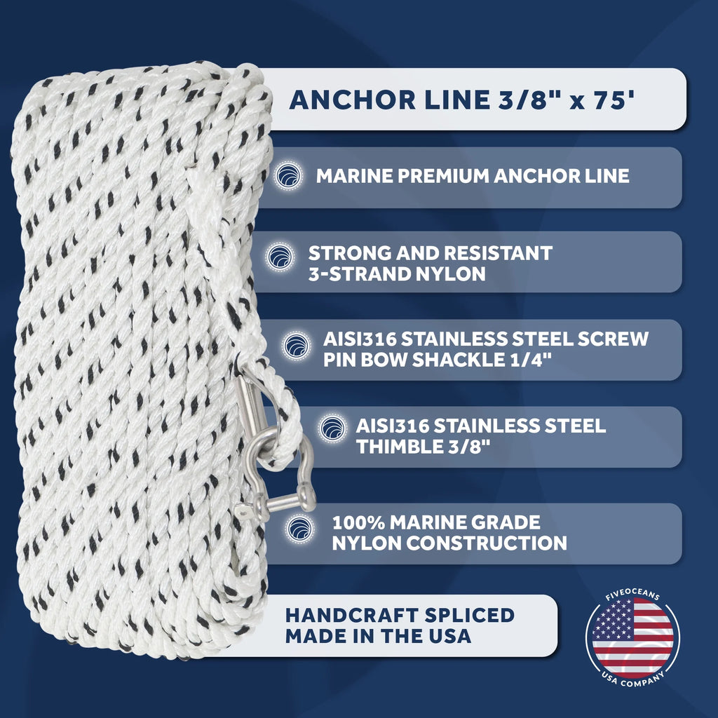 3/8 inch x 75 ft 3-Strand White Nylon Anchor Rope with Stainless Steel Thimble and Schakle C611468