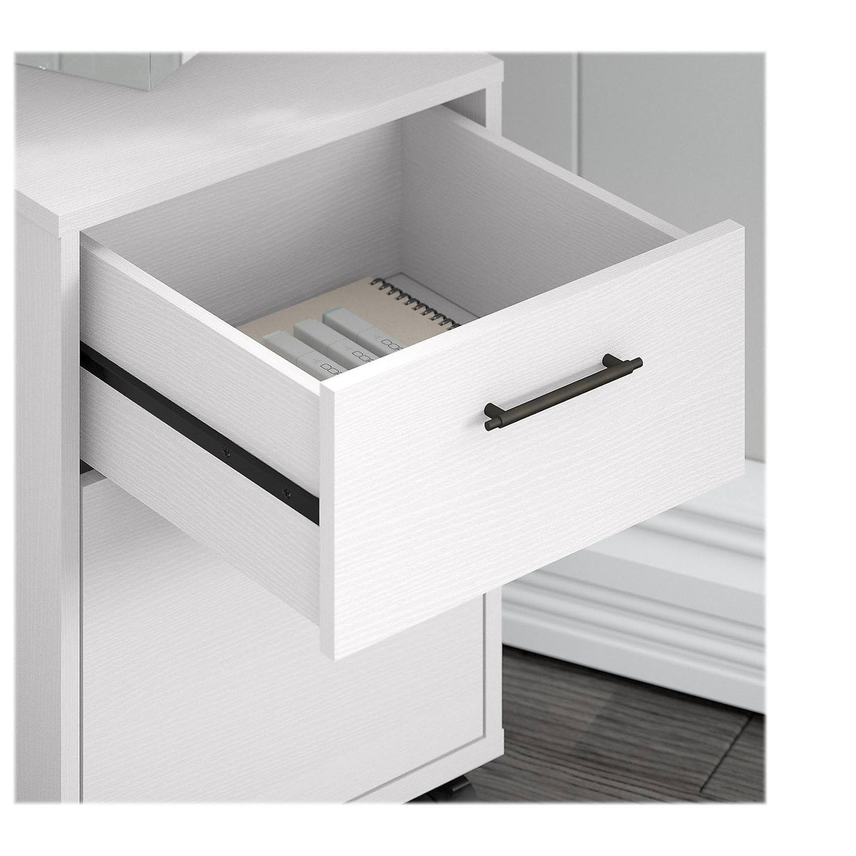 60W L Shaped Desk with 2 Drawer Mobile File Cabinet, Pure White Oak E9565