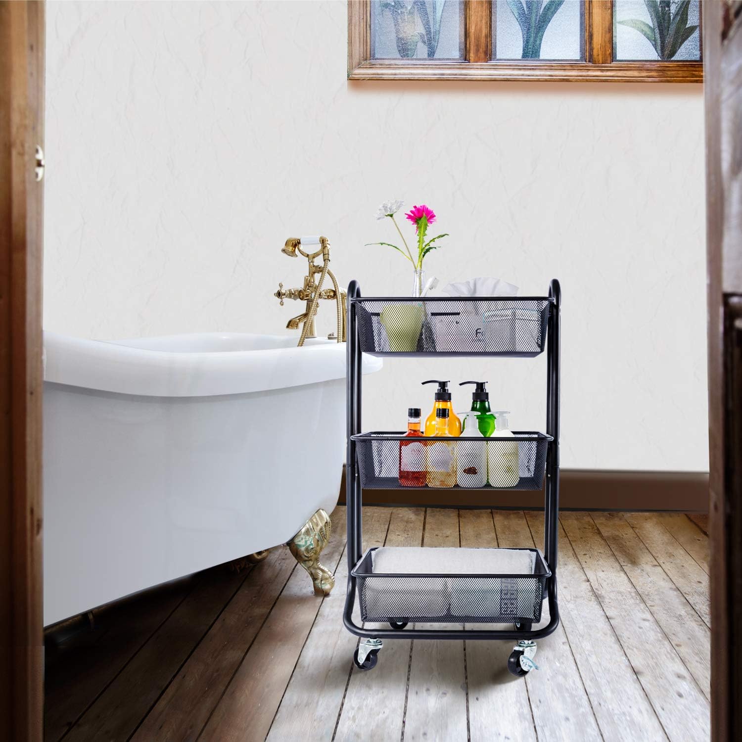 Black 3-Tier Rolling Utility Cart with Metal Mesh Baskets Z592