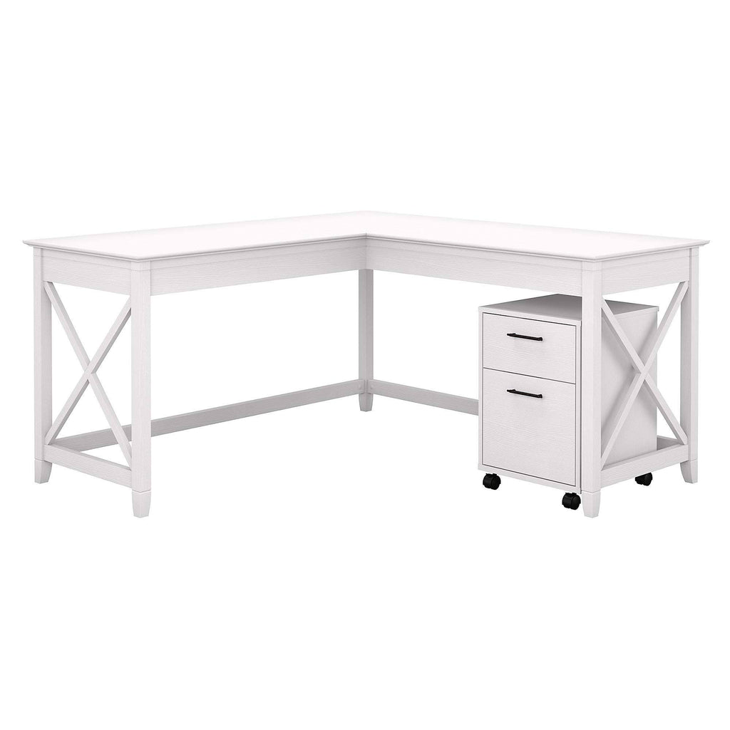 60W L Shaped Desk with 2 Drawer Mobile File Cabinet, Pure White Oak E9565