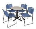 30x22 Round Breakroom Table Cherry & 4 Stack Chairs Blue T53806