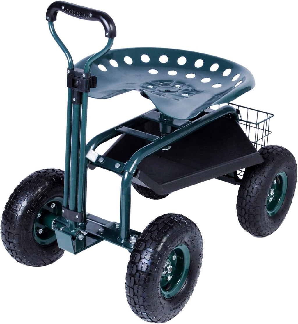 Green Steerable Garden Stool Cart with Tool Tray and Storage Basket on Wheels Y2011