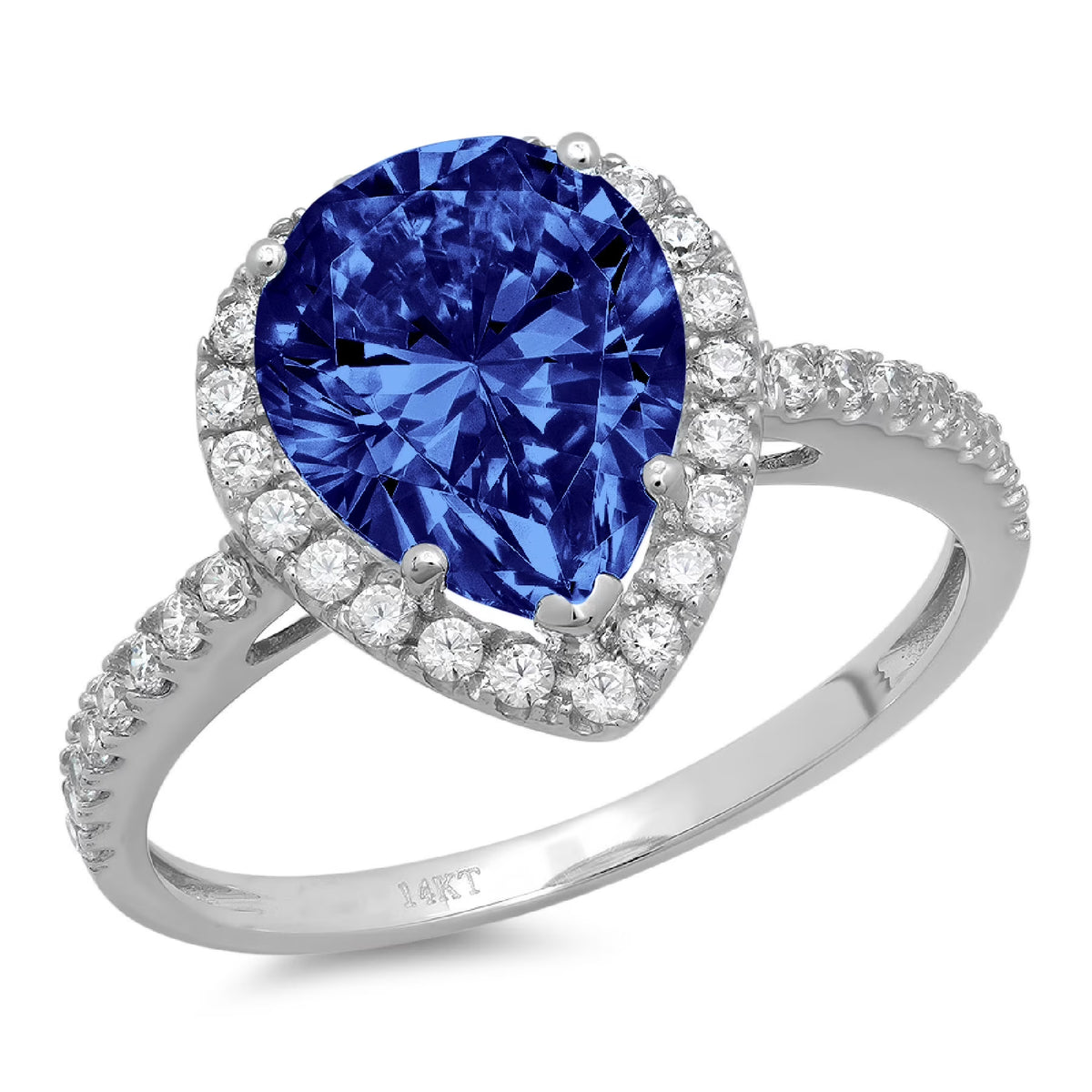 Pear Cut Blue Simulated Tanzanite 18k White Gold Halo Ring R3136