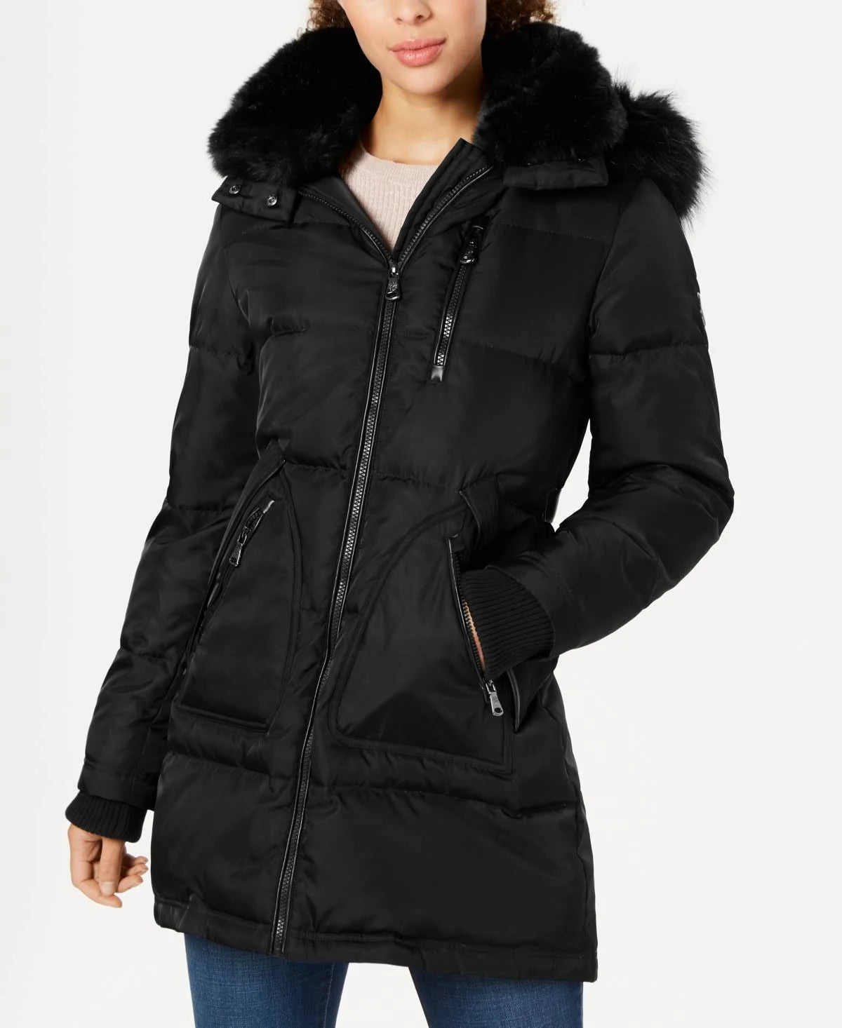 Black Faux-Fur-Trim Down Puffer Coat W4611