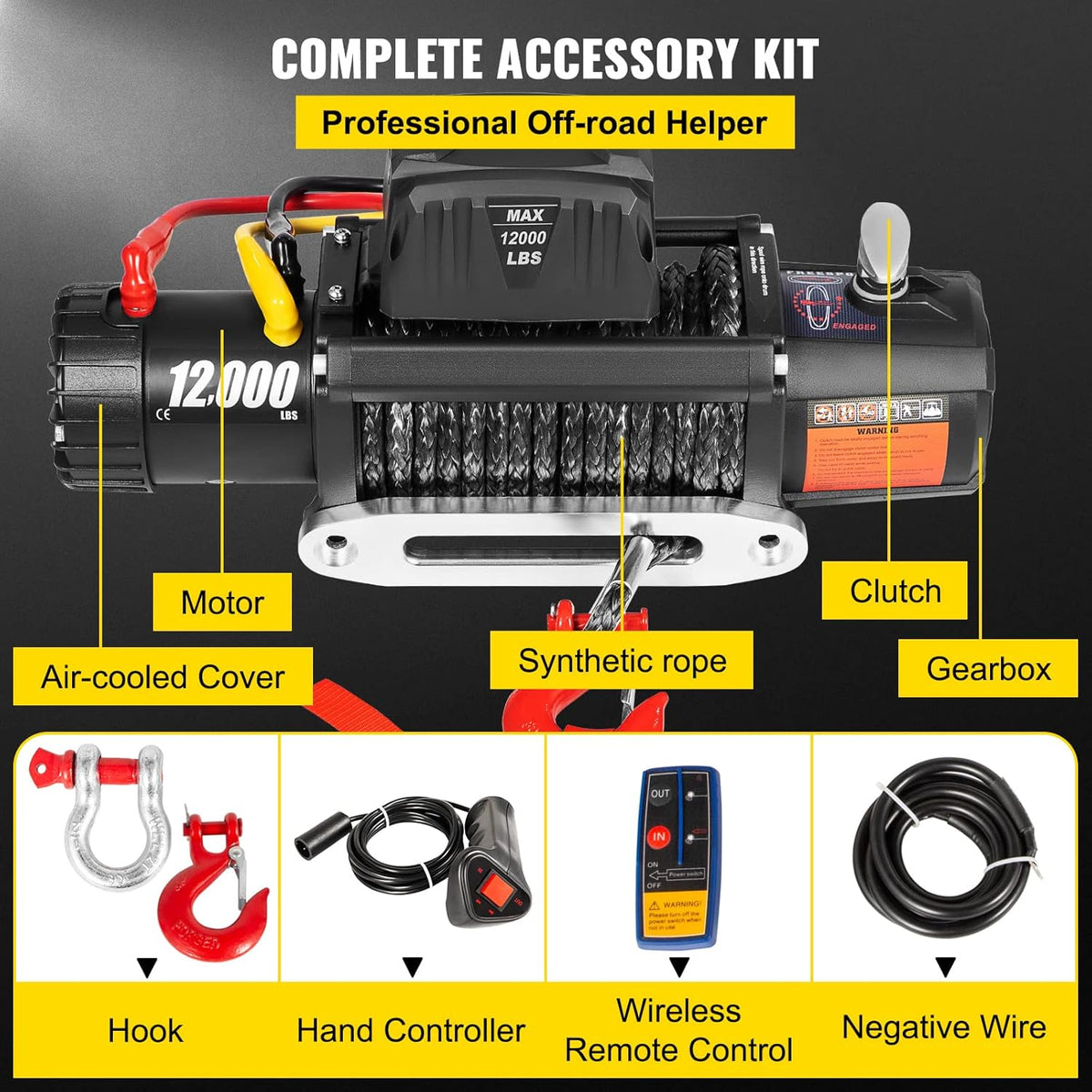12000lbs Electric Winch with Synthetic Rope and Wireless Remote Control S81348