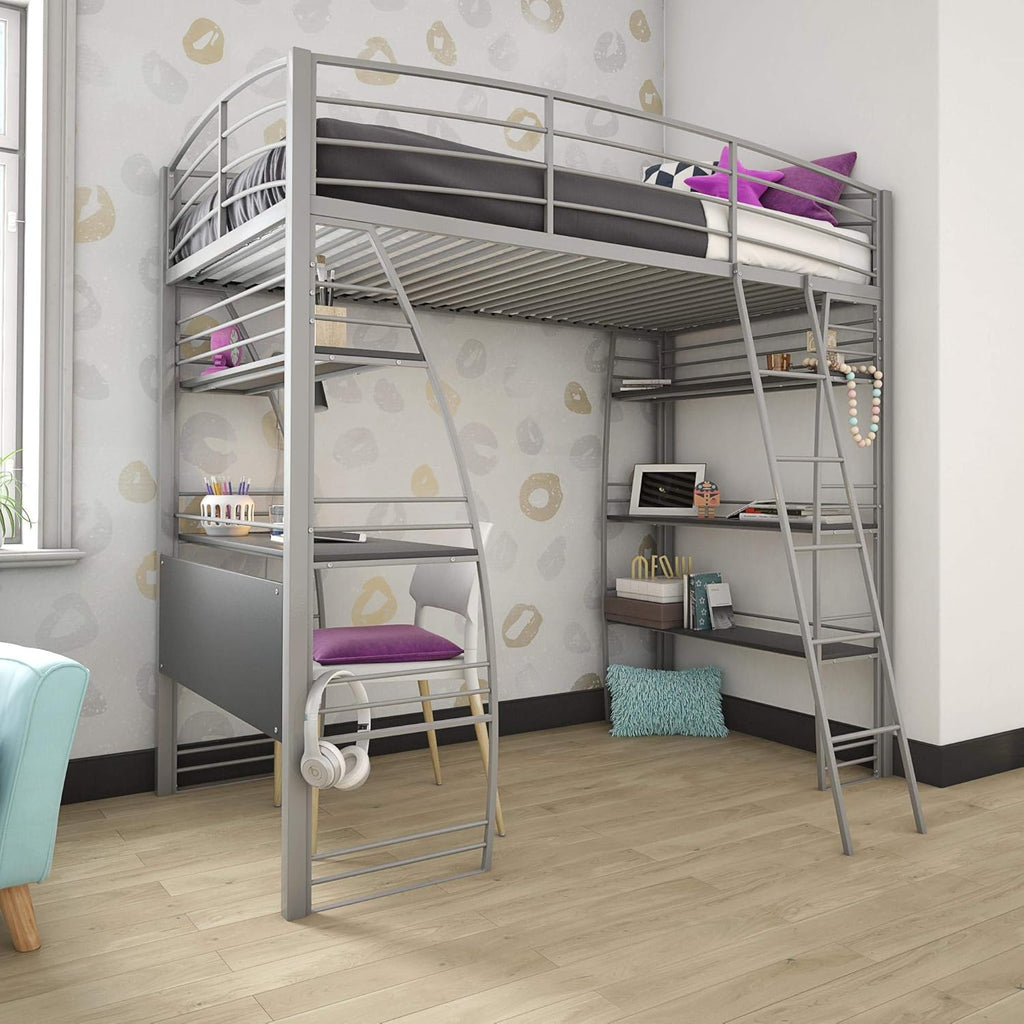 Twin Pack of 2 Metal Frame Bunk Bed Over Desk and Bookcase U832834