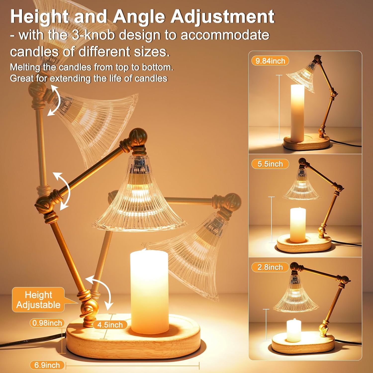 Candle Warmer Lamp with Timer, Adjustable Height, Dimmable Electric Candle Lamp Warmer with 2 Bulbs R3936