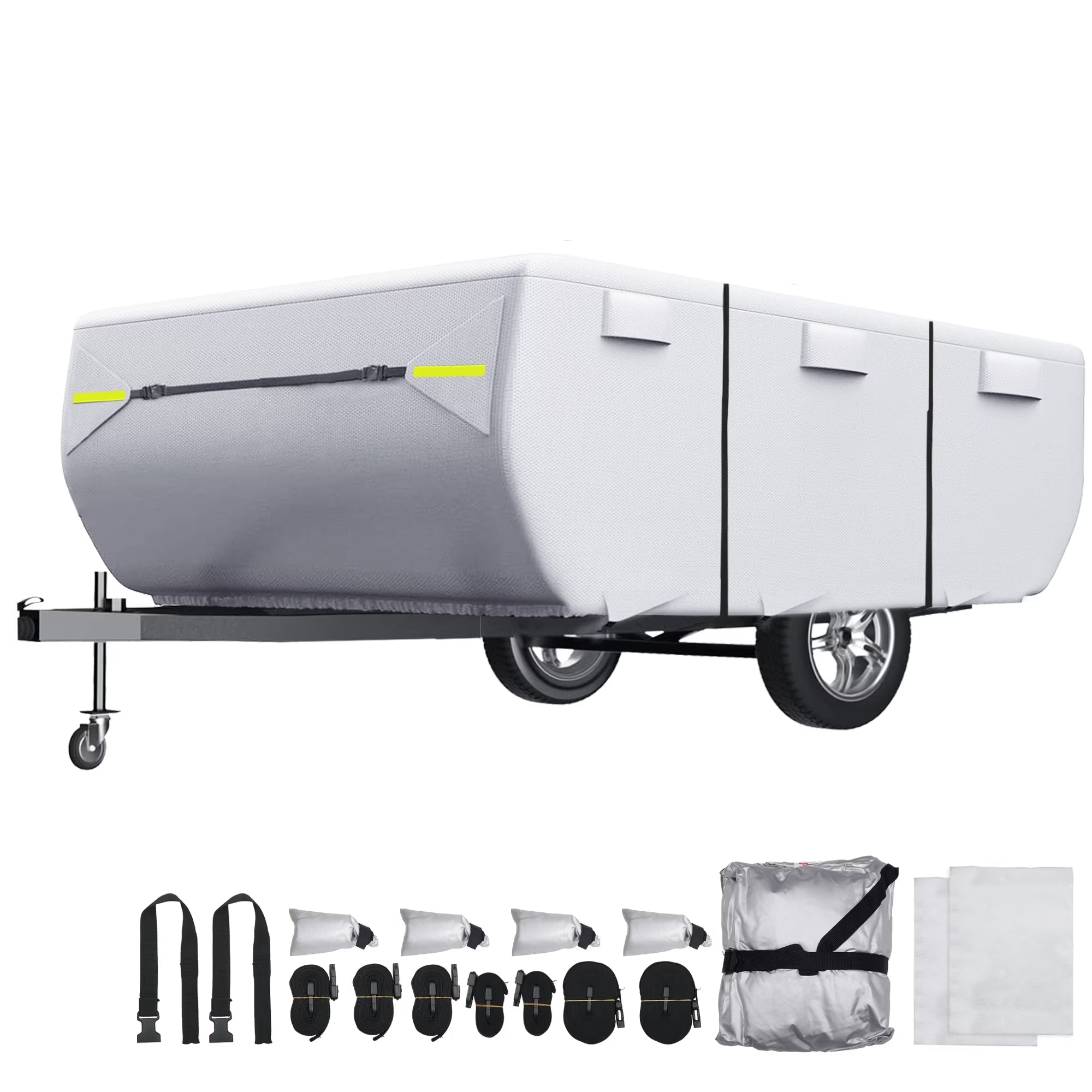 Waterproof Camper Trailer Cover Fits 10'-12' RV Cover Anti-UV with 3+2 Straps Silver Tone U808951