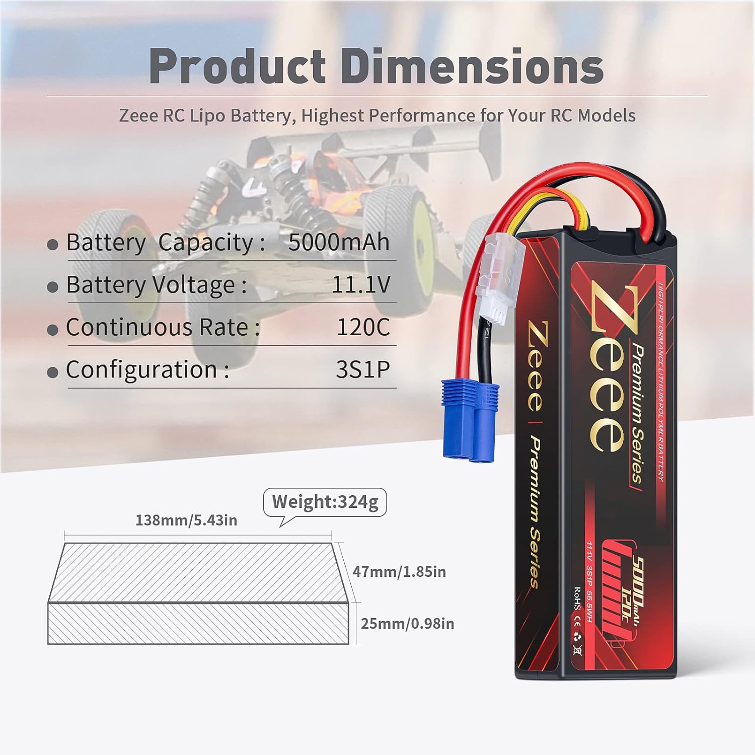 3S Lipo Battery 5000mAh 11.1V LCG Hard Case Height 25mm 120C EC5 Connector 2 Pack M75890