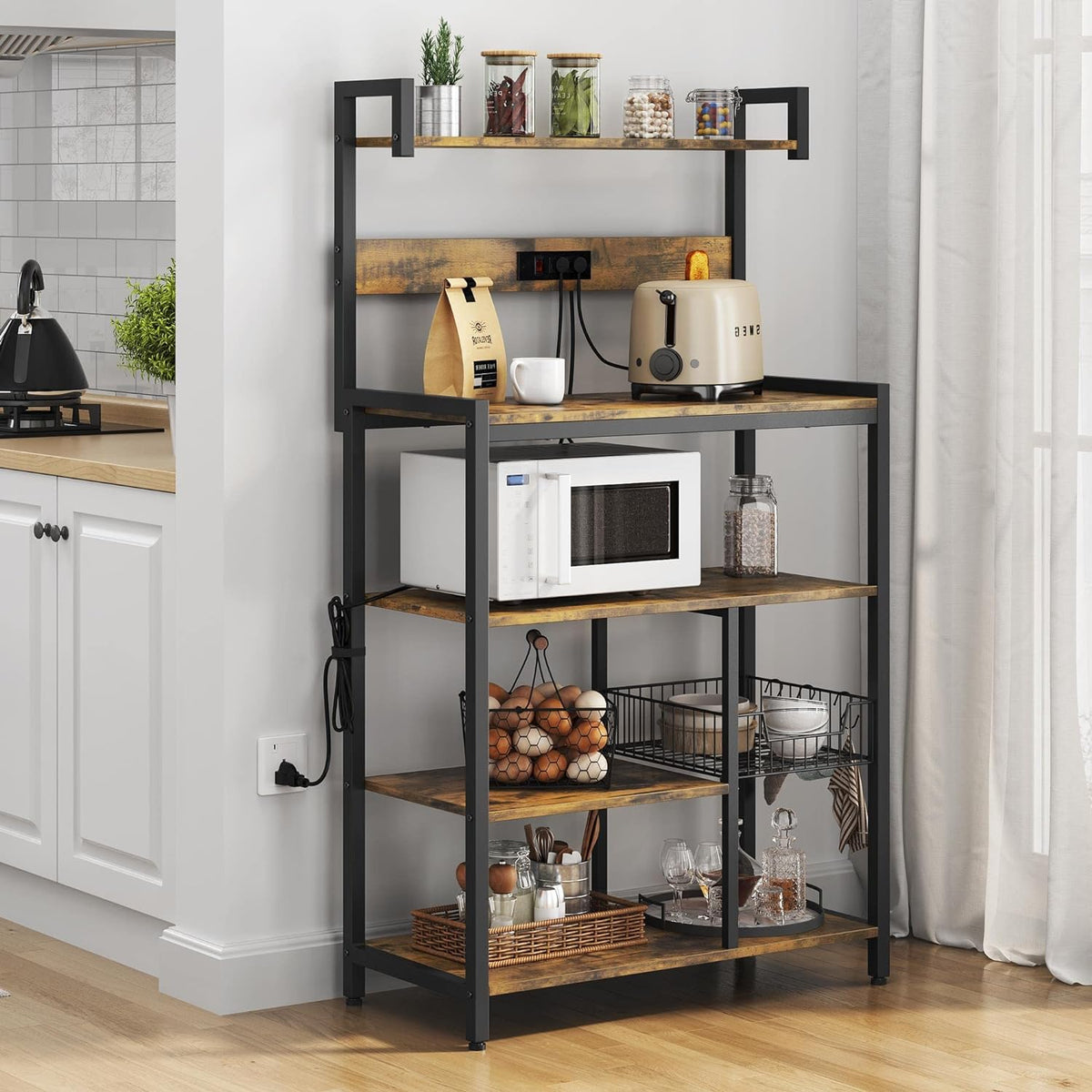 Rustic Brown 5-Tier Bakers Rack with Power Outlet O74112